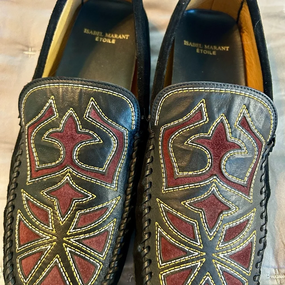 Isabel Marant Etoile Finha Leather and Velvet Embroidered Loafers - Picture 8 of 9